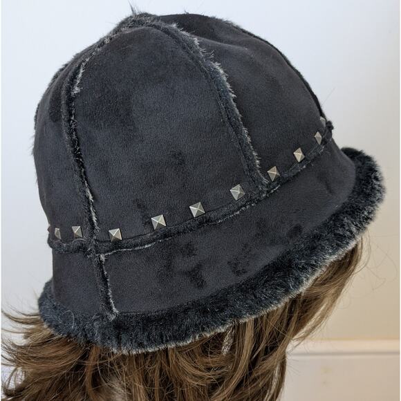 Cejon Bucket Hat Black Faux Suede Fur Studded Winter Warm Cozy Indie Edgy Y2K - Picture 5 of 13